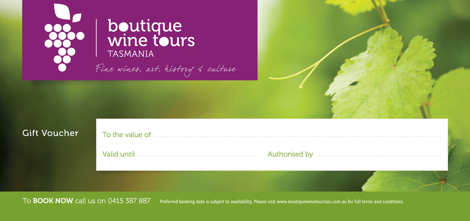 Boutique Wine Tours Tasmania gift certificate – sample only